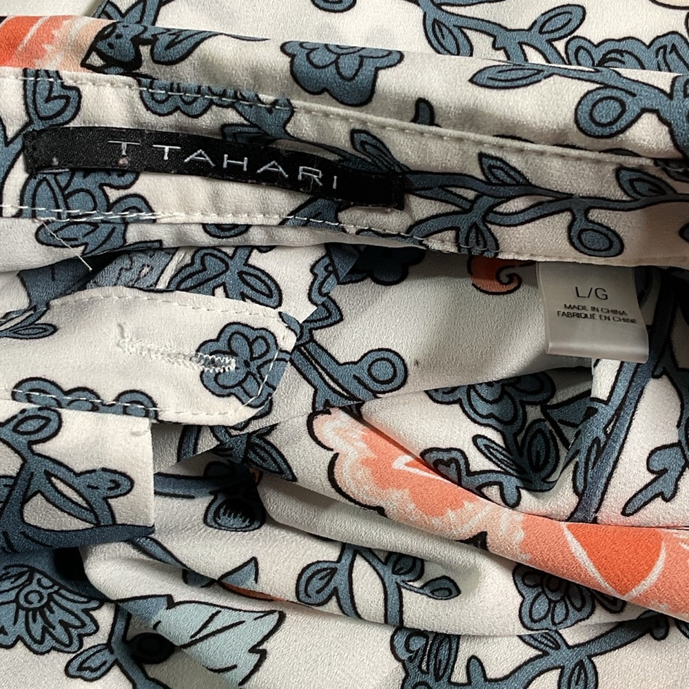 Tahari White Button-Down Blouse with Coral & Slate Floral Print SZ - L - Picture 4 of 6